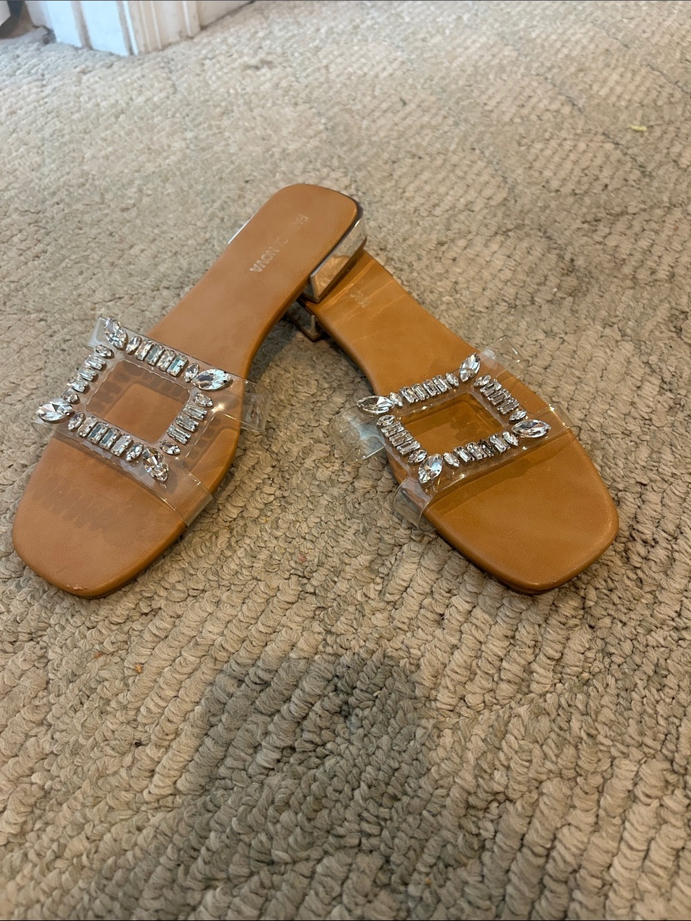 Fashion Nova Tan Slide Sandals with Clear Crystal Buckle